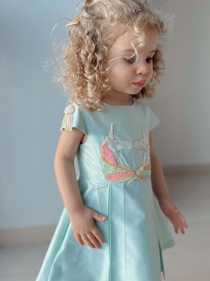 Picture of SILK CHANTUG DRESS WITH 3D UNICORN AND CLOUD BEADED